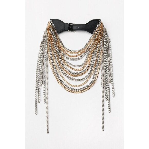 Zara Gold Silver Multi Chain Heavy Black Faux Leather Belt READ ME 4736/314/808 - Picture 1 of 7